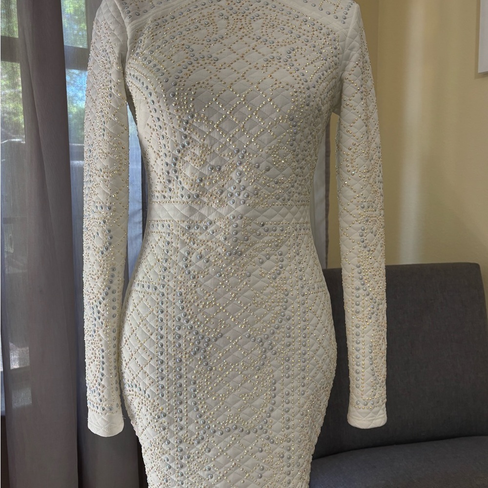 Bebe Y2K Rhinestone Quilted Bodycon Dress White AB Crystal Pearl Studded M (2-4)